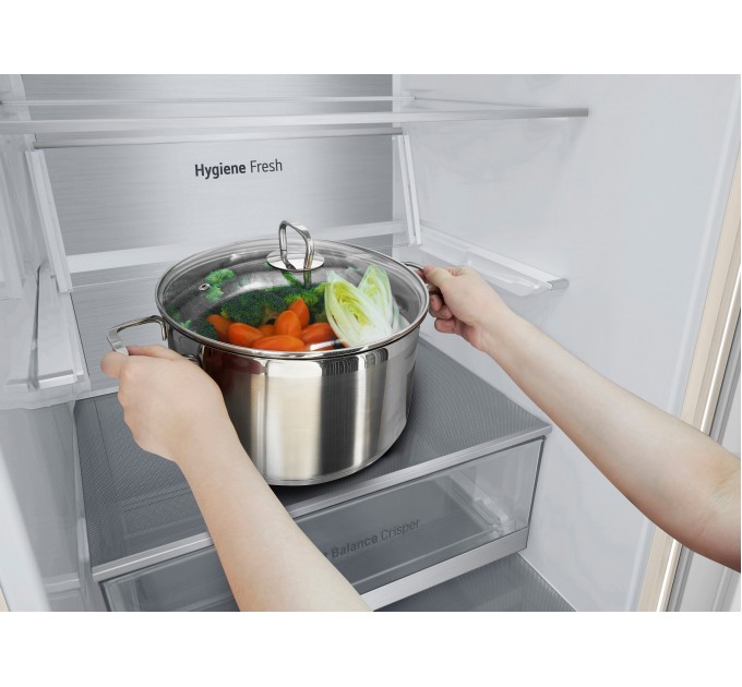 Холодильник LG с нижн. мороз., 203x60х68, холод.отд.-277л, мороз.отд.-110л, 2дв., E, NF, инв., диспл внешн., Fresh Сonverter, Metal Fresh, бежевый