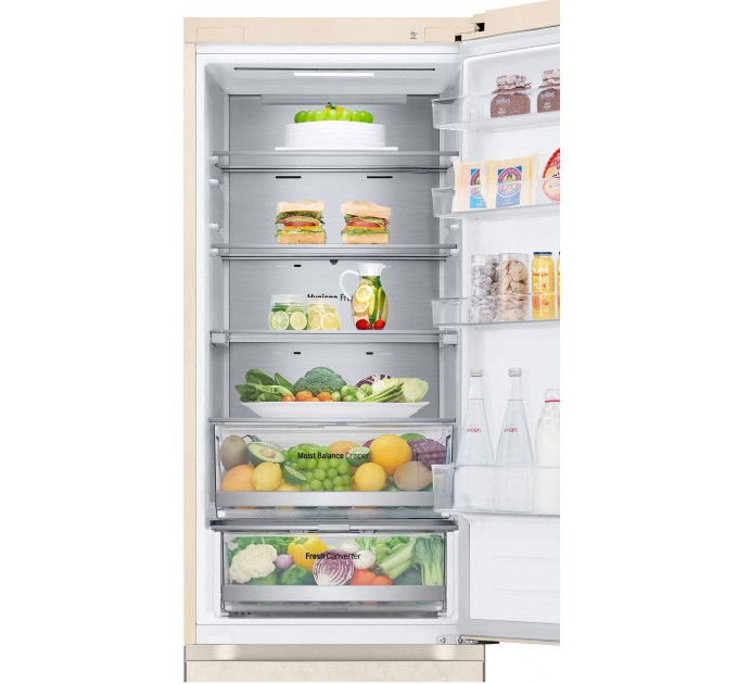 Холодильник LG с нижн. мороз., 203x60х68, холод.отд.-277л, мороз.отд.-110л, 2дв., E, NF, инв., диспл внешн., Fresh Сonverter, Metal Fresh, бежевый