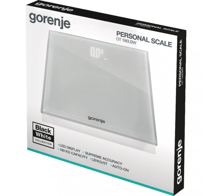 Ваги підлогові Gorenje, 180 кг, дисплей, скло, білий
