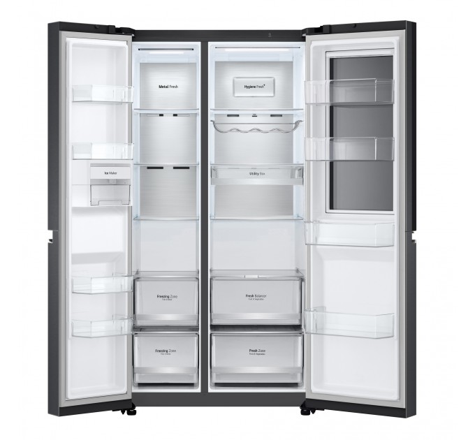 Холодильник LG SBS, 179x91х74, холод.отд.-416л, мороз.отд.-239л, 2дв., F, NF, инв., диспл внутр., зона св-ти, Door in door, черный мат.