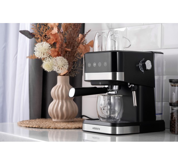 Кавоварка ARDESTO ріжкова 1.5л, мелена, ручний капучинатор, сенсорне керування, чорно-сріблястий
