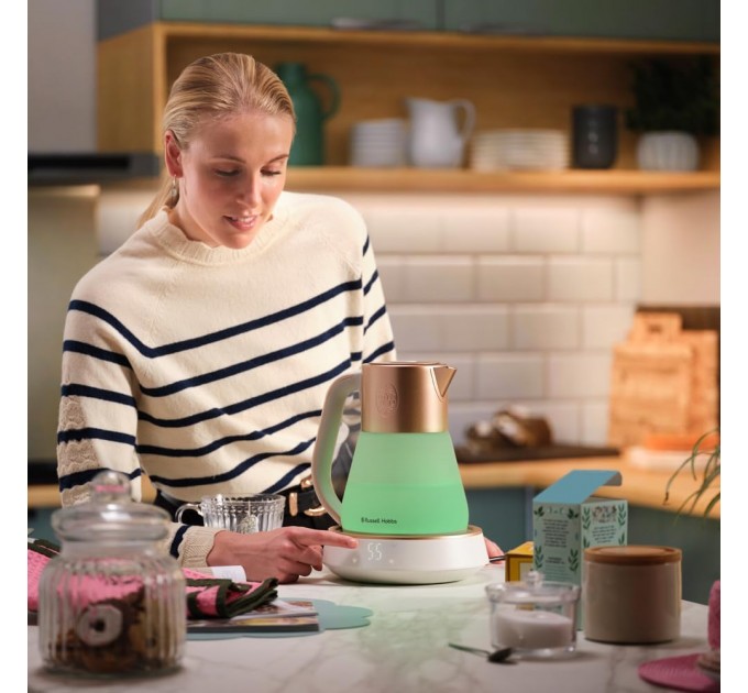 Электрочайник Russell Hobbs Calm, 1.7л, стекло, музыка, подсветка, сенсор, бело-медный