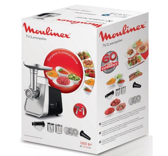 Мясорубка Moulinex, 1600Вт, 1.9кг/мин, 3 решетки, насадка для колбас, кеббе, томатов, пластик/металл, черно-серерый