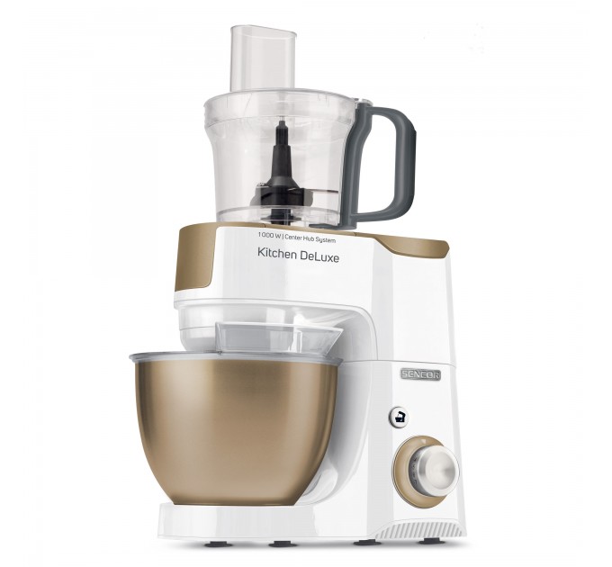 Кухонна машина Sencor 1000Вт, чаша-метал, корпус-пластик, насадок-15, біло-золотий