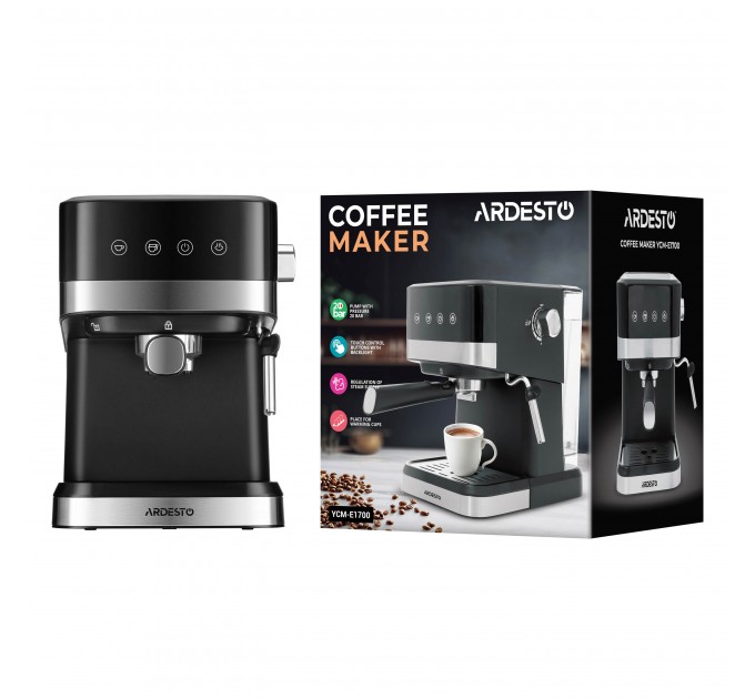 Кавоварка ARDESTO ріжкова 1.5л, мелена, ручний капучинатор, сенсорне керування, чорно-сріблястий