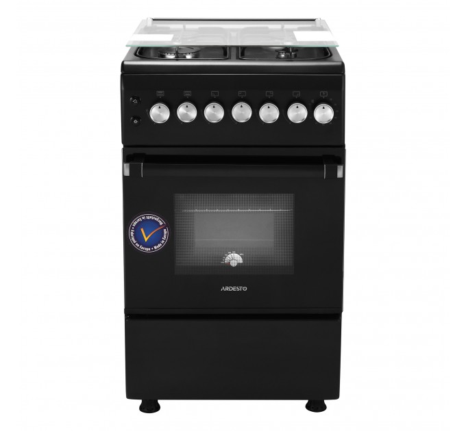 Плита ARDESTO газова, 50л, 50x60см, скляна кришка, електропідпал, таймер, термометр, каво адаптер, форсунки LPG (підключення газового балона), чорний