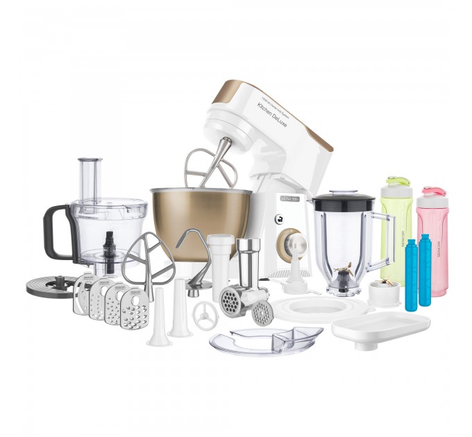 Кухонна машина Sencor 1000Вт, чаша-метал, корпус-пластик, насадок-15, біло-золотий
