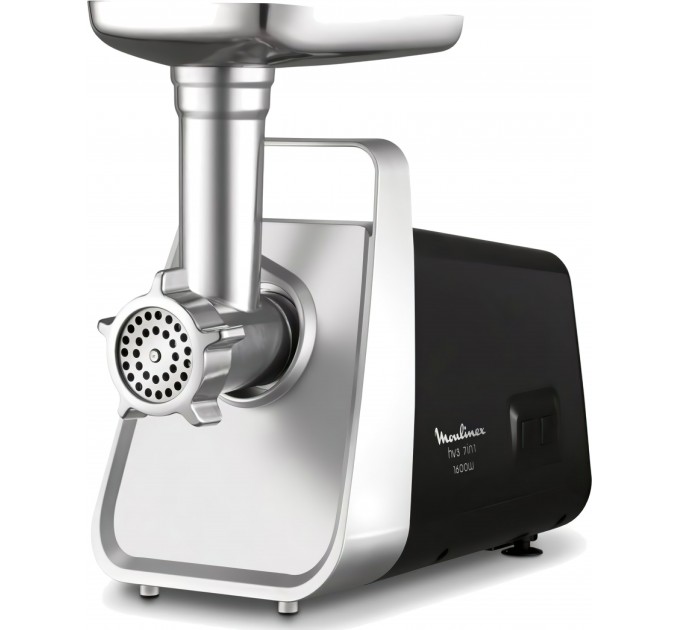 Мясорубка Moulinex, 1600Вт, 1.9кг/мин, 3 решетки, насадка для колбас, кеббе, томатов, пластик/металл, черно-серерый