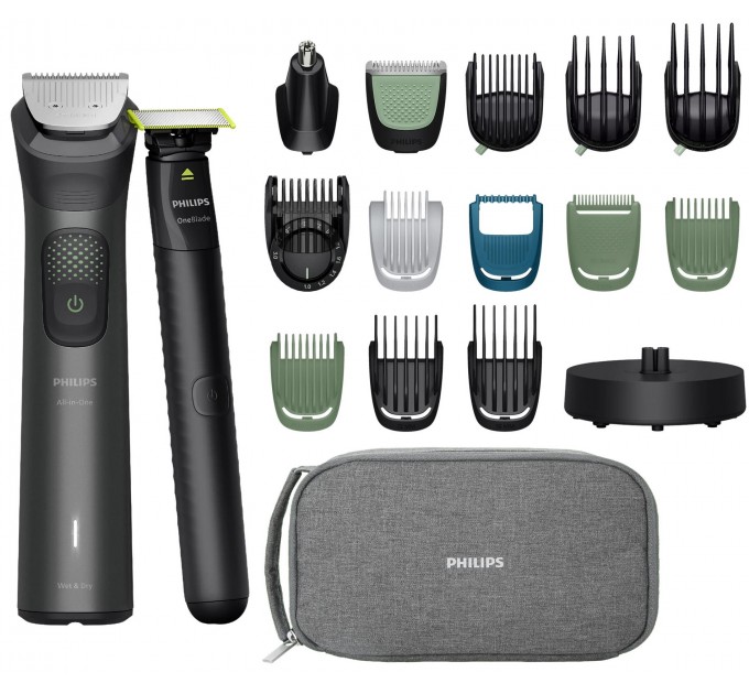 Триммер Philips Series 9000 для бороды, усов,головы, тела, интим.зон, акум., насадок-19, OneBlade в компл., сталь, серый