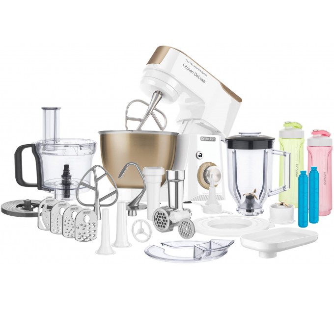 Кухонна машина Sencor 1000Вт, чаша-метал, корпус-пластик, насадок-15, біло-золотий