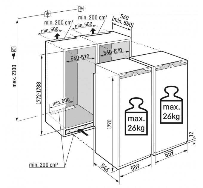 Холодильник Liebherr вбудований SBS, 177x111.8х54.6, холод.відд.-307л, мороз.відд.-209л, 2дв., F, NF, диспл внутр., білий
