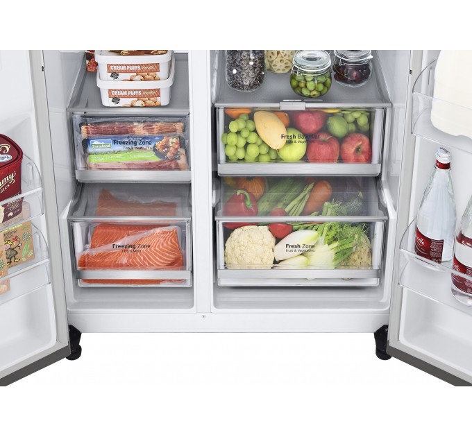 Холодильник LG SBS, 179x91х74, холод.відд.-416л, мороз.відд.-239л, 2дв., F, NF, інв., диспл внутр., зона св-ті, Door in door, нерж