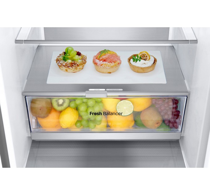 Холодильник LG с нижн. мороз., 203x60х68, холод.отд.-277л, мороз.отд.-107л, 2дв., А++, NF, инв., диспл внешн., Fresh Сonverter, Metal Fresh, серебристый