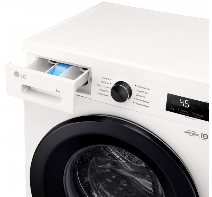 Стиральная машина LG фронтальная, 6кг, 1200, A+++, 44см, дисплей, пар, инвертор, белый