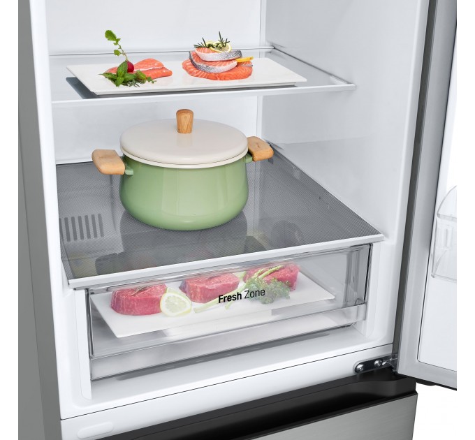 Холодильник LG с нижн. мороз., 186x60х68, холод.отд.-234л, мороз.отд.-107л, 2дв., А++, NF, инв., диспл внутр., зона св-ти, серебристый