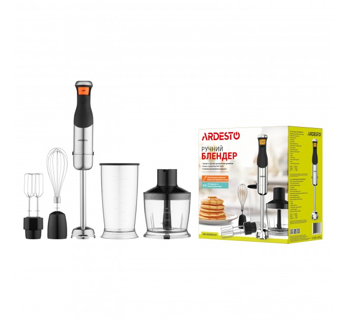 Блендер ARDESTO погружной HBG-800DWHCHC, 800Вт, 4в1, чаша-600мл, чопер 500мл, черно-серебристый