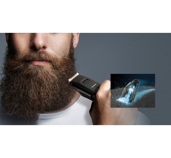 Триммер Panasonic для бороды и усов, сеть+акум., насадок-4, сталь, черный