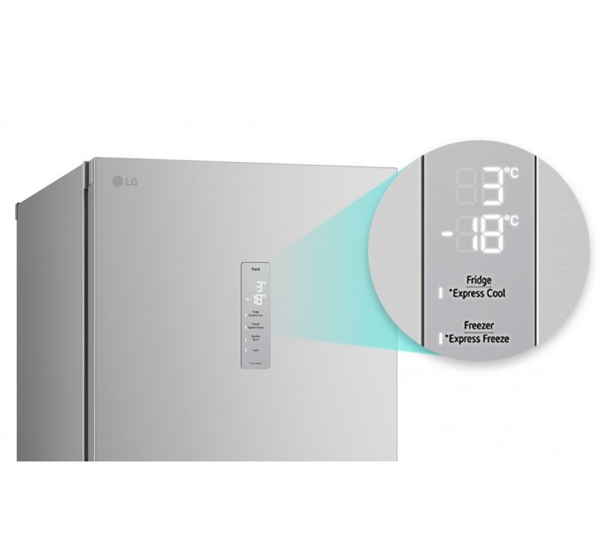 Холодильник LG с нижн. мороз., 203x60х68, холод.отд.-277л, мороз.отд.-107л, 2дв., А++, NF, инв., диспл внешн., Fresh Сonverter, Metal Fresh, серебристый