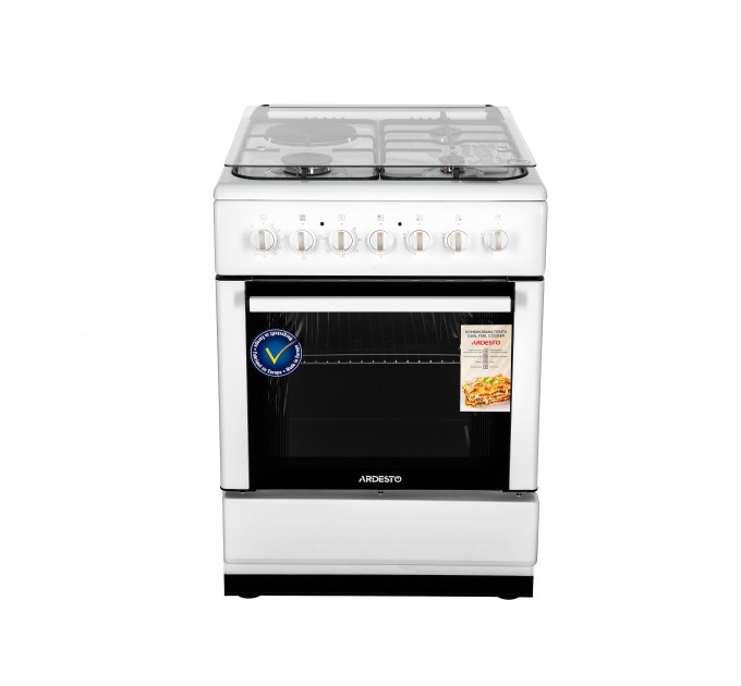 Плита ARDESTO комбі 3 газ + 1 електро, 64л, 60x60см, підсвічування, форсунки LPG (підключення газового балона), знімні направляючі, білий