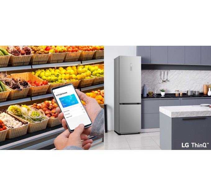 Холодильник LG с нижн. мороз., 203x60х68, холод.отд.-277л, мороз.отд.-107л, 2дв., А++, NF, инв., диспл внешн., Fresh Сonverter, Metal Fresh, серебристый