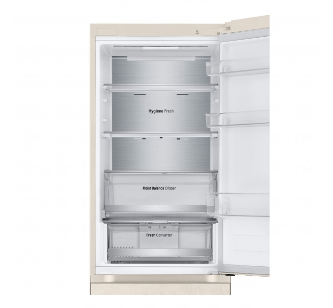 Холодильник LG з нижн. мороз., 186x60х68, холод.відд.-234л, мороз.відд.-110л, 2дв., E, NF, інв., диспл зовн., Fresh Сonverter, Metal Fresh, бежевий