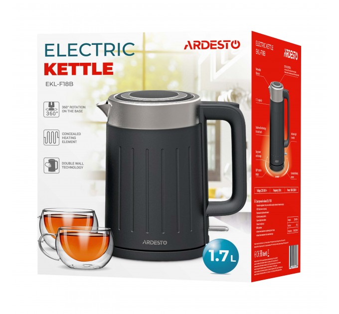 Электрочайник ARDESTO 1.7л, Strix, двойные стенки, черный матовый