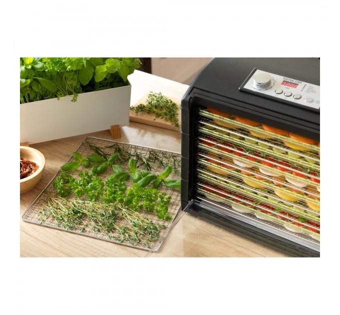 Сушка для продуктов Sencor, 500Вт, поддонов -6x2см, диаметр-33см, макс-70°С, сетка для ягод, металл, пластик, черный