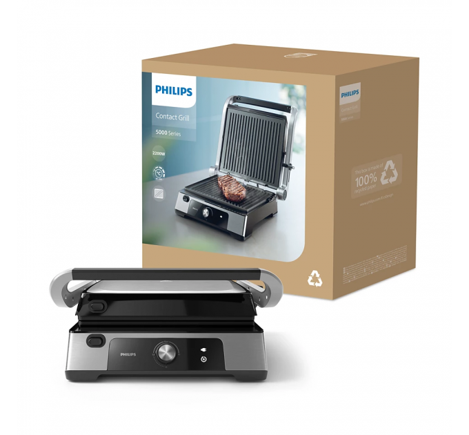 Гриль Philips прижимний Series 5000, 2200Вт, з`ємні пластини, розкриття на 180°, метал