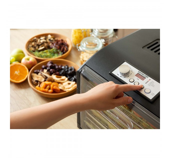 Сушка для продуктов Sencor, 500Вт, поддонов -6x2см, диаметр-33см, макс-70°С, сетка для ягод, металл, пластик, черный