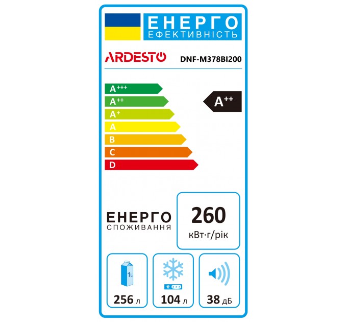 Холодильник ARDESTO с нижн. мороз., 201.8x59.5х66, холод.отд.-256л, мороз.отд.-104л, 2дв., А++, NF, инв., диспл внешн., зона св-ти, черный