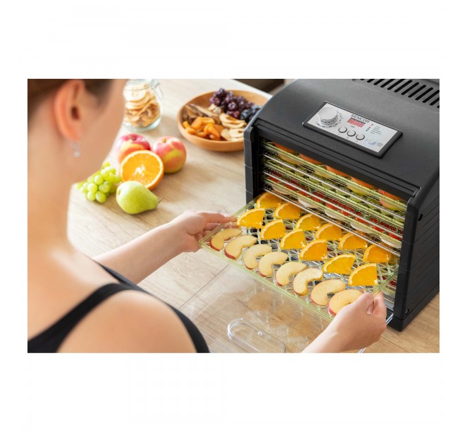 Сушка для продуктов Sencor, 500Вт, поддонов -6x2см, диаметр-33см, макс-70°С, сетка для ягод, металл, пластик, черный