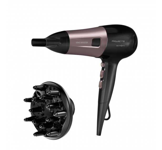 Фен Rowenta Powerline, 2400Вт, 3 режими, дифузор, іоніз-я, хол. обдув, чорно-рожевий