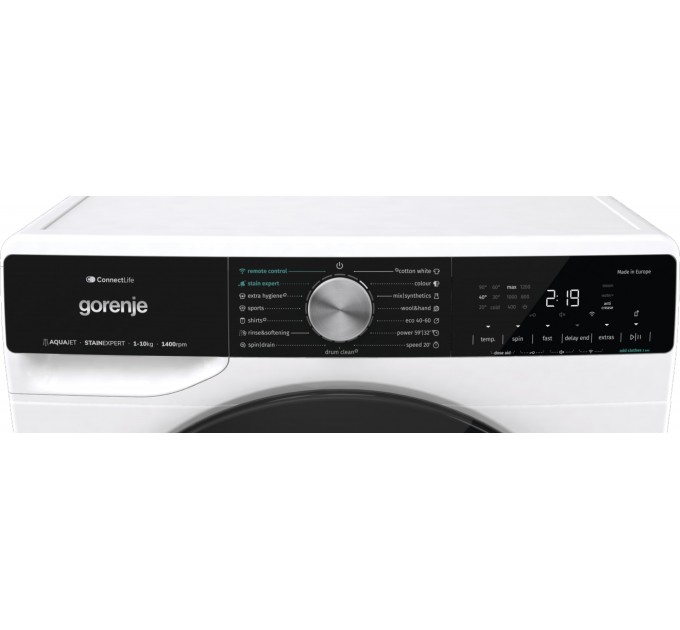 Стиральная машина Gorenje фронтальная, 10кг, 1400, A+++, 60см, дисплей, инвертор, пар, Wi-Fi, подсветка барабана, белый