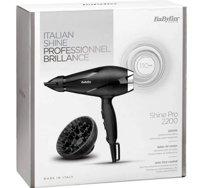 Фен Babyliss Shine Pro, 2200Вт, режимов-2, дифузор, иониз-я, хол. обдув, черный