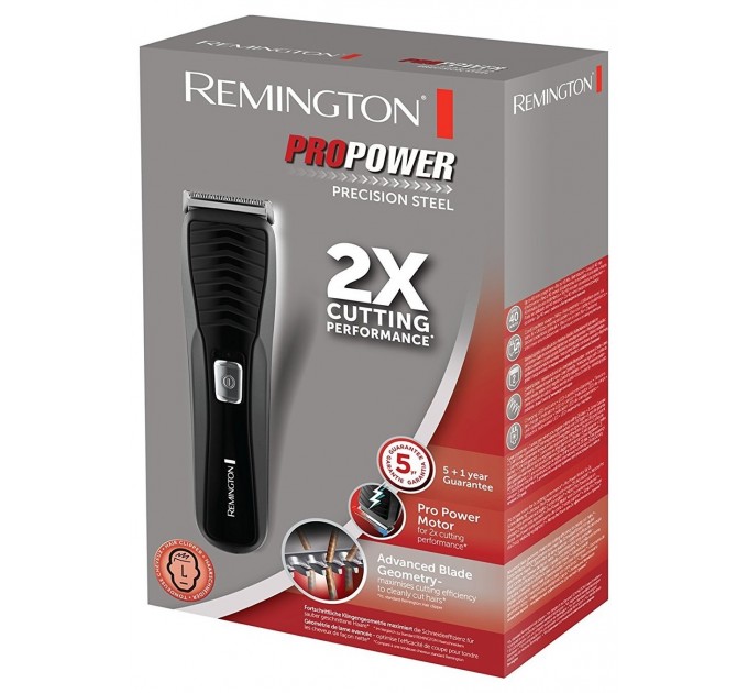 Машинка для стрижки Remington Pro Power Precision Steel, мережа+акум., роторний мотор, насадок-2, сталь, чорний