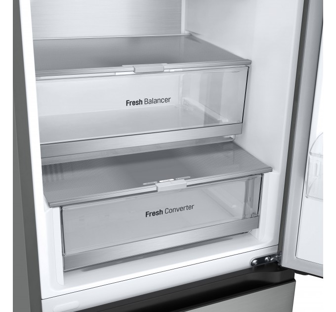 Холодильник LG с нижн. мороз., 203x60х68, холод.отд.-277л, мороз.отд.-107л, 2дв., А++, NF, инв., диспл внешн., Fresh Сonverter, Metal Fresh, серебристый