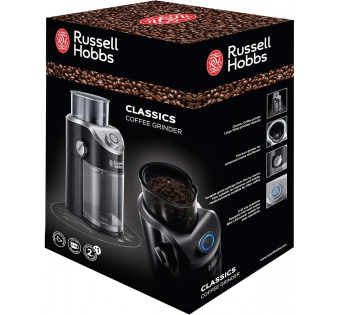 Кофемолка Russell Hobbs жернова Classic 140Вт, объем зерен-100г, регул.степень помола, пластик, черный