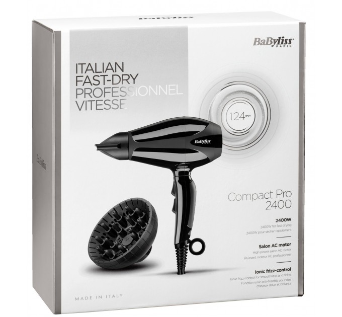 Фен Babyliss Compact Pro, 2400Вт, режимов-3, дифузор, иониз-я, хол. обдув, черный