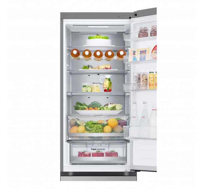 Холодильник LG с нижн. мороз., 203x60х68, холод.отд.-277л, мороз.отд.-107л, 2дв., А++, NF, инв., диспл внешн., Fresh Сonverter, Metal Fresh, серебристый