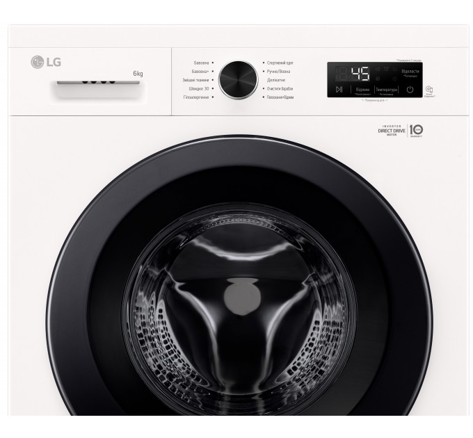 Стиральная машина LG фронтальная, 6кг, 1200, A+++, 44см, дисплей, пар, инвертор, белый