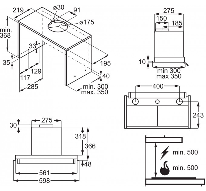 Витяжка Electrolux вбудована, 60см, 600м.куб/год., чорний