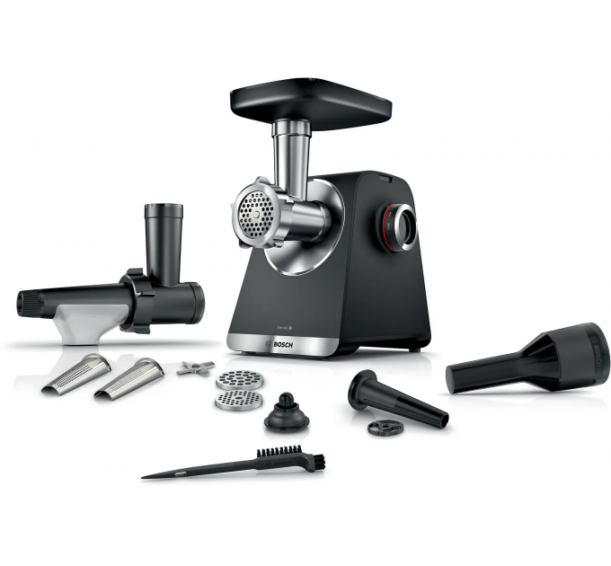Мясорубка Bosch, 2100Вт, 3.5кг/мин, 2 решетки, насадка для колбас, кеббе, соковыжималка, пластик, черный