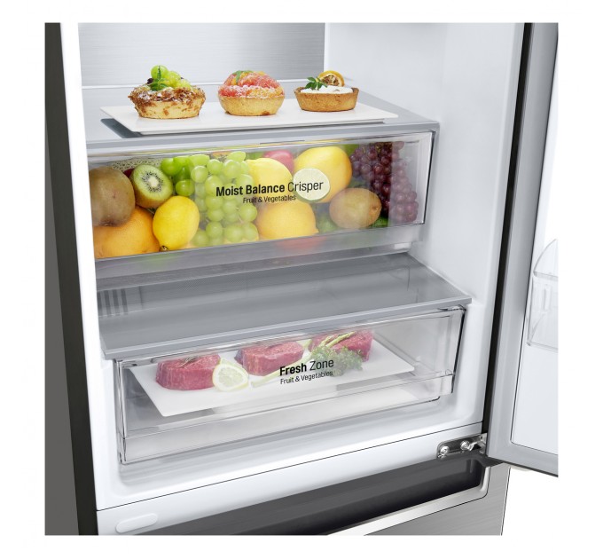 Холодильник LG з нижн. мороз., 203x60х68, холод.відд.-277л, мороз.відд.-107л, 2дв., E, NF, інв., диспл зовн., зона св-ті, Metal Fresh, сріблястий