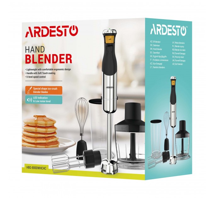Блендер ARDESTO погружной HBG-800DWHCHC, 800Вт, 4в1, чаша-600мл, чопер 500мл, черно-серебристый