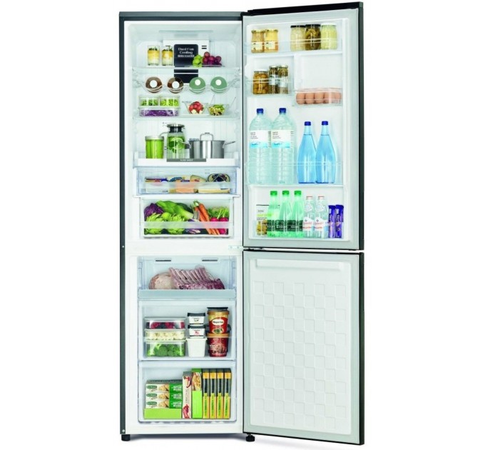 Холодильник Hitachi с нижн. мороз., 190x60х65, холод.отд.-215л, мороз.отд.-115л, 2дв., А++, NF, инв., зона нулевая, серый черный (стекло)