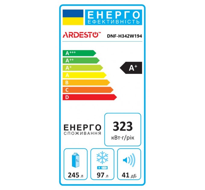 Холодильник ARDESTO з нижн. мороз., 195x60х67, холод.відд.-245л, мороз.відд.-97л, 2дв., А+, NF, диспл зовн., зона св-ті, білий