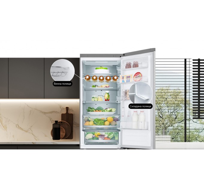 Холодильник LG с нижн. мороз., 203x60х68, холод.отд.-277л, мороз.отд.-107л, 2дв., А++, NF, инв., диспл внешн., Fresh Сonverter, Metal Fresh, серебристый