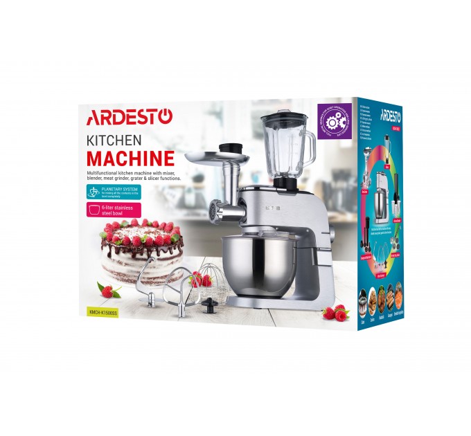 Кухонна машина ARDESTO 1500Вт, чаша-метал, корпус-метал, насадок-10, сріблясто-сірий