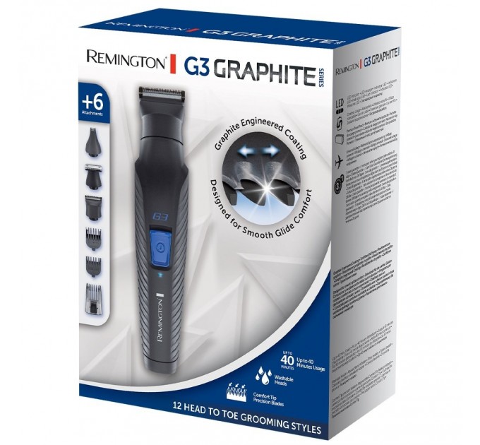 Набір для стрижки Remington G3 Graphite series, для бороди, вусів, голови і носа, акум., роторний мотор, насадок-6, сталь, чорний