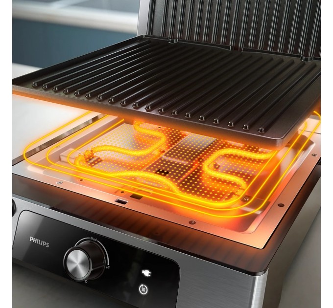 Гриль Philips прижимний Series 5000, 2200Вт, з`ємні пластини, розкриття на 180°, метал